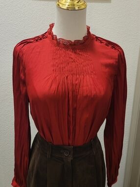 J. Crew Lace-Trim Pintuck Blouse in Warm Redwood FA22 Size XS Romantic Victorian